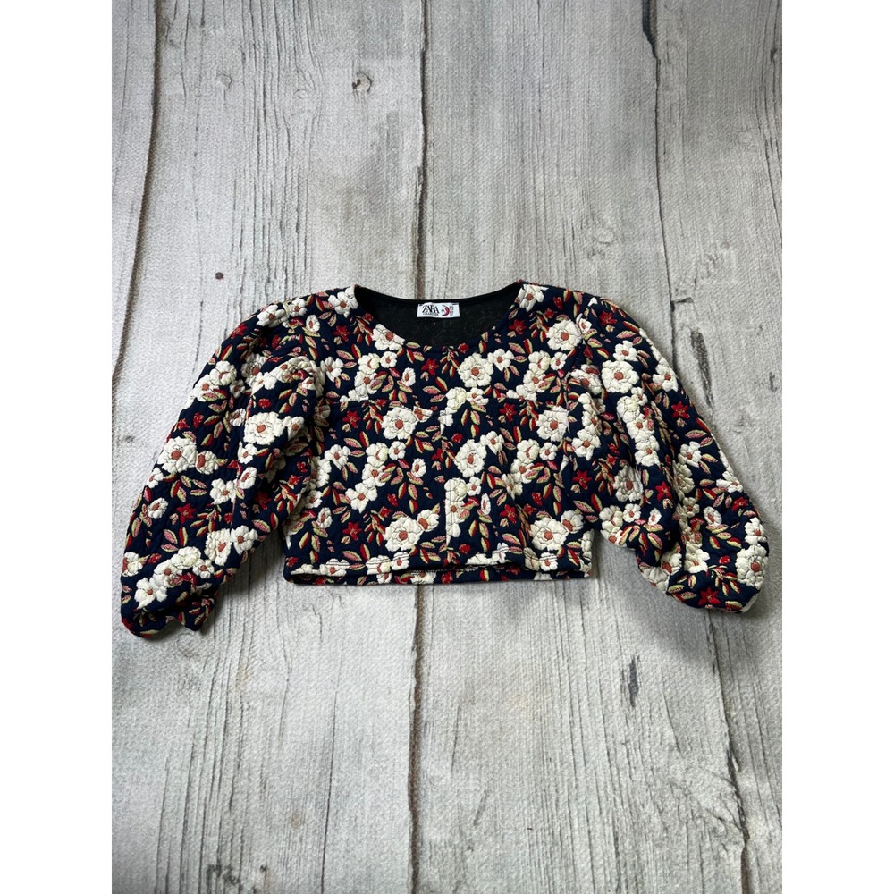 Zara Crop Top Womens Medium Navy Floral Tapestry Puff Sleeve Boho Cottagecore